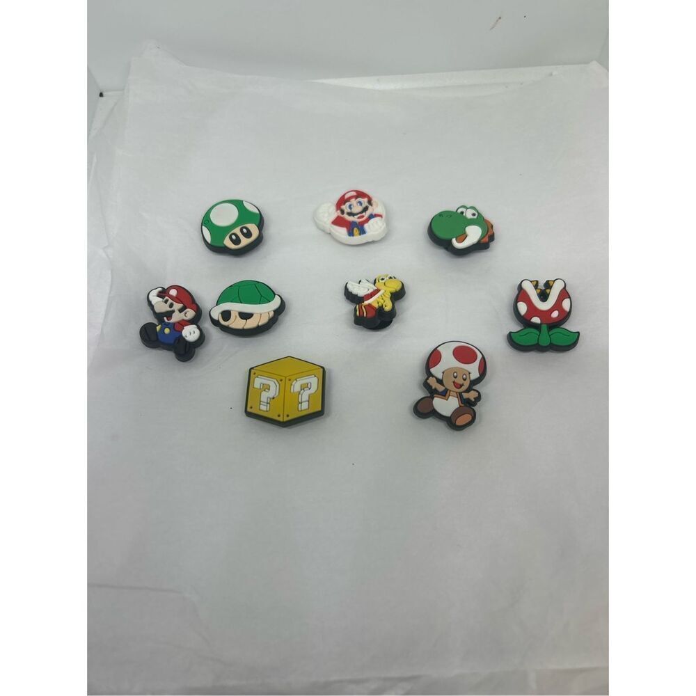 Set of 9 Mario Shoe Charms – Super Mario, Yoshi, Toad & Power-Ups